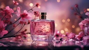 ai gegenereerd luxe parfum, kunstmatig premie glas fles. banier, poster voor schoonheid Promotie van elegant Product voor advertenties Aan gedrapeerd zijde kleding stof kleding elegants achtergrond met parels. generatief ai foto