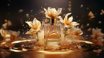 ai gegenereerd luxe parfum, kunstmatig premie glas fles. banier, poster voor schoonheid Promotie van elegant Product voor advertenties Aan gedrapeerd zijde kleding stof kleding elegants achtergrond met parels. generatief ai foto