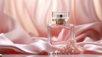 ai gegenereerd luxe parfum, kunstmatig premie glas fles. banier, poster voor schoonheid Promotie van elegant Product voor advertenties Aan gedrapeerd zijde kleding stof kleding elegants achtergrond met parels. generatief ai foto