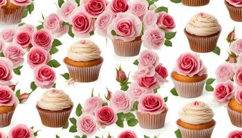 ai gegenereerd cupcakes en rozen zijn geregeld in een patroon foto