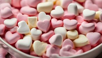 ai gegenereerd een kom vol van roze en wit marshmallows foto