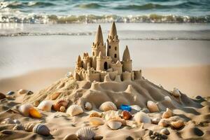 ai gegenereerd een zand kasteel is gemaakt uit van schelpen en zand foto