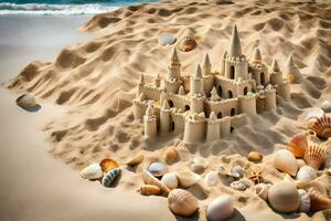 ai gegenereerd zand kasteel Aan de strand foto