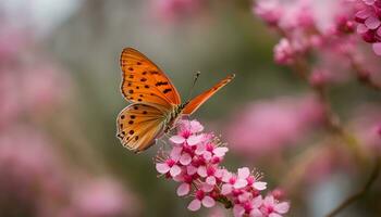 ai gegenereerd een vlinder is zittend Aan een roze bloem foto