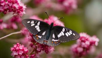 ai gegenereerd een zwart en wit vlinder is zittend Aan sommige roze bloemen foto