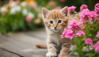 ai gegenereerd een katje is staand in voorkant van roze bloemen foto