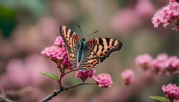 ai gegenereerd een vlinder is zittend Aan een roze bloem foto