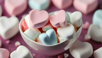 ai gegenereerd een kom gevulde met marshmallows en harten foto