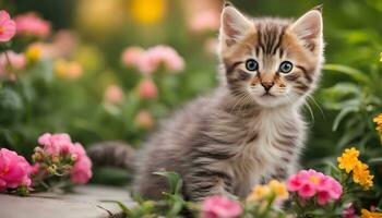 ai gegenereerd een katje is zittend in de midden- van bloemen foto