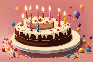 ai gegenereerd een verjaardag taart met kaarsen en ballonnen foto