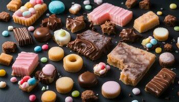 ai gegenereerd assortiment van chocola en snoep Aan zwart achtergrond foto