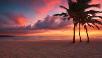 ai gegenereerd palm bomen Aan de strand Bij zonsondergang foto