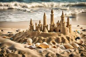 ai gegenereerd zand kasteel Aan de strand foto