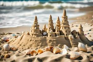 ai gegenereerd een zand kasteel Aan de strand met schelpen foto