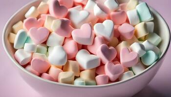 ai gegenereerd een kom van marshmallows met harten in hen foto