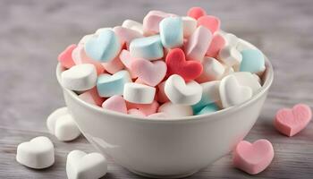 ai gegenereerd een kom gevulde met marshmallows en harten foto