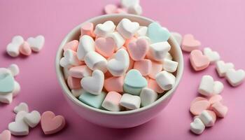 ai gegenereerd een kom gevulde met marshmallows Aan een roze achtergrond foto