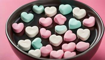 ai gegenereerd een kom gevulde met roze en blauw marshmallows foto