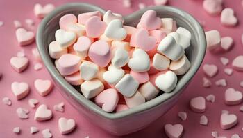 ai gegenereerd een kom gevulde met marshmallows Aan een roze achtergrond foto