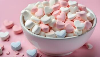 ai gegenereerd een kom gevulde met marshmallows Aan een roze achtergrond foto