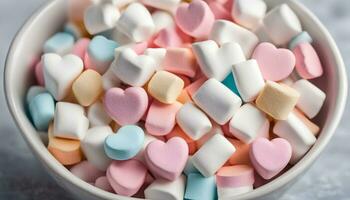 ai gegenereerd een kom gevulde met kleurrijk marshmallows foto