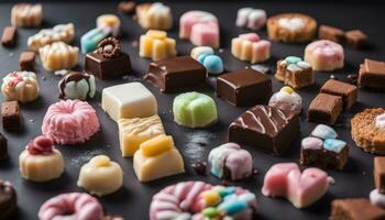 ai gegenereerd assortiment van chocolaatjes Aan zwart achtergrond foto