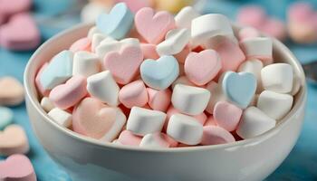 ai gegenereerd een kom van marshmallows met harten in hen foto