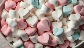 ai gegenereerd een kom vol van marshmallows met harten Aan top foto