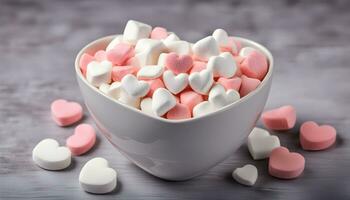 ai gegenereerd een kom gevulde met roze en wit marshmallows foto