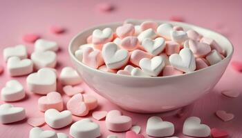 ai gegenereerd een kom van marshmallows Aan een roze achtergrond foto