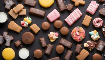 ai gegenereerd assortiment van chocola en snoepgoed Aan een zwart achtergrond foto