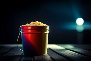 een emmer van popcorn Aan een houten tafel. ai-gegenereerd foto