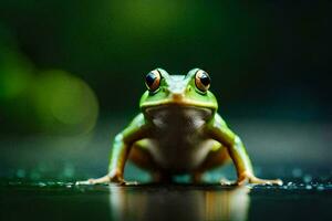 een kikker zittend Aan de grond met een groen achtergrond. ai-gegenereerd foto