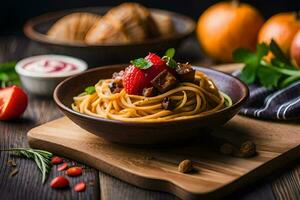 spaghetti met vlees en groenten in een schaal. ai-gegenereerd foto