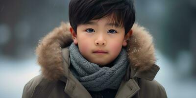 ai gegenereerd detailopname van een jong Aziatisch jongen in winter kleding. ai generatief. foto