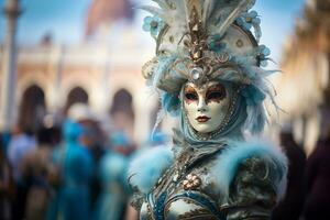 ai gegenereerd elegant Venetië carnaval kostuum in iconisch instelling foto