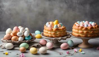 ai gegenereerd Pasen eieren en cakes Aan een tafel foto