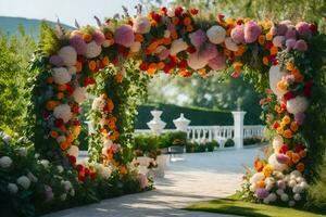 ai gegenereerd een bruiloft boog gemaakt van bloemen in de tuin foto