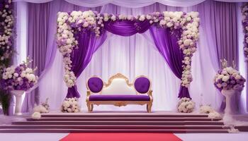 ai gegenereerd bruiloft stadium decoratie met Purper en wit bloemen foto