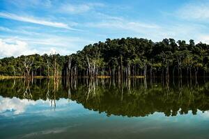 khao sok nationaal park, surat dan ik, landschap bergen met lange staart boot voor reizigers, kauwen lan meer, ratchafafa dam, reizen natuur in Thailand, Azië zomer vakantie reizen reis. foto