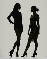 ai gegenereerd silhouet van drie Dames in zwart en wit jurken, studio schot. ai generatief foto