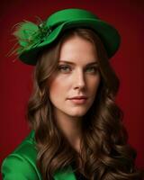 ai gegenereerd portret van een mooi jong vrouw in groen jas en rood hoed. ai generatief. ai generatief foto