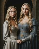 ai gegenereerd mooi Dames in middeleeuws jurken poseren in voorkant van een kasteel. ai generatief foto