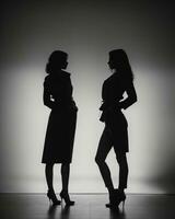 ai gegenereerd silhouet van drie Dames in zwart en wit jurken, studio schot. ai generatief foto