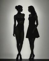 ai gegenereerd silhouet van drie Dames in zwart en wit jurken, studio schot. ai generatief foto