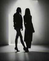 ai gegenereerd silhouet van drie Dames in zwart en wit jurken, studio schot. ai generatief foto