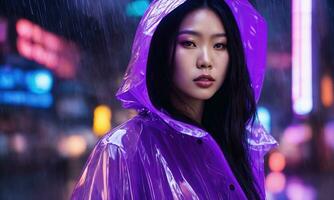 ai gegenereerd mooi Aziatisch vrouw in Purper regenjas wandelen in de stad. ai generatief foto