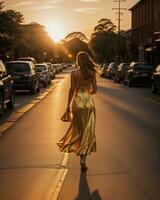 ai gegenereerd mooi jong vrouw in een lang geel jurk wandelen Aan de straat Bij zonsondergang. ai generatief foto