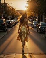 ai gegenereerd mooi jong vrouw in een lang geel jurk wandelen Aan de straat Bij zonsondergang. ai generatief foto