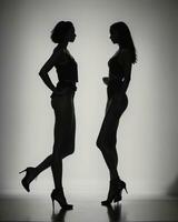 ai gegenereerd silhouet van drie Dames in zwart en wit jurken, studio schot. ai generatief foto